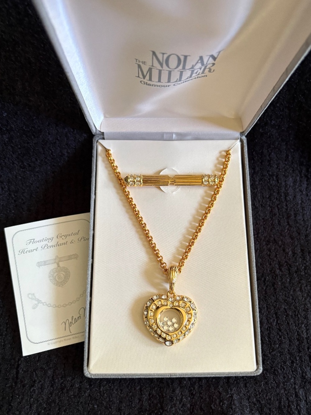 NIB Nolan Miller Floating Crystal Heart Necklace Pendant Pin Set Gold Rhinestone